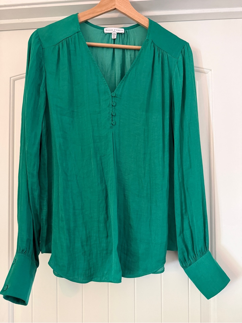 Madison Park Teal Green V-Neck Button-Trim Long Sleeve Blouse